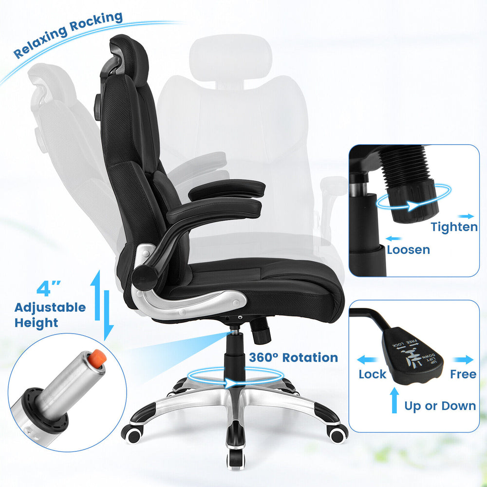 Kneading massage office chair in black with adjustable headrest, 360° rotation, and relaxing rocking function.