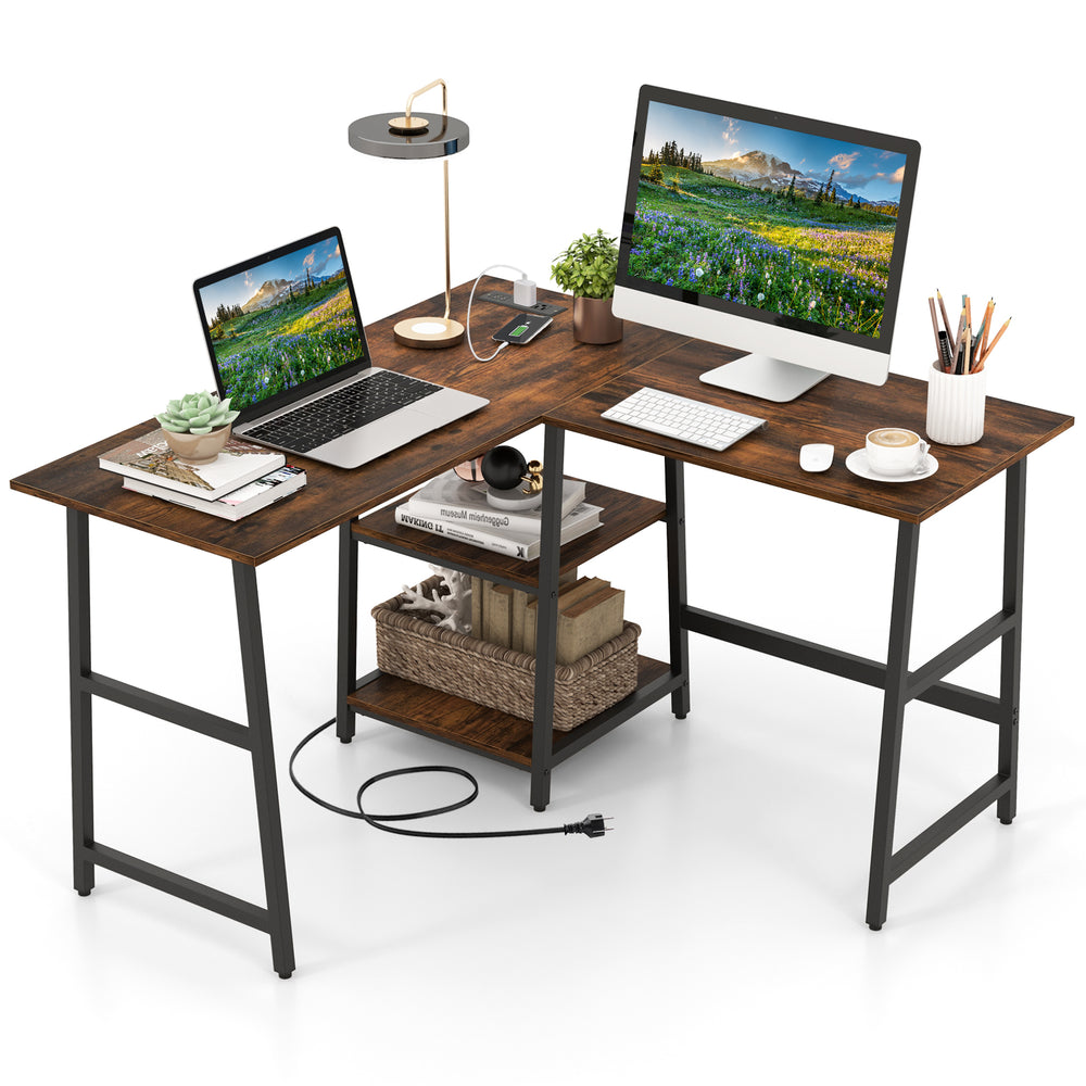 L-shaped corner computer desk in brown with storage shelves, sturdy metal frame, ideal for small spaces and efficient.