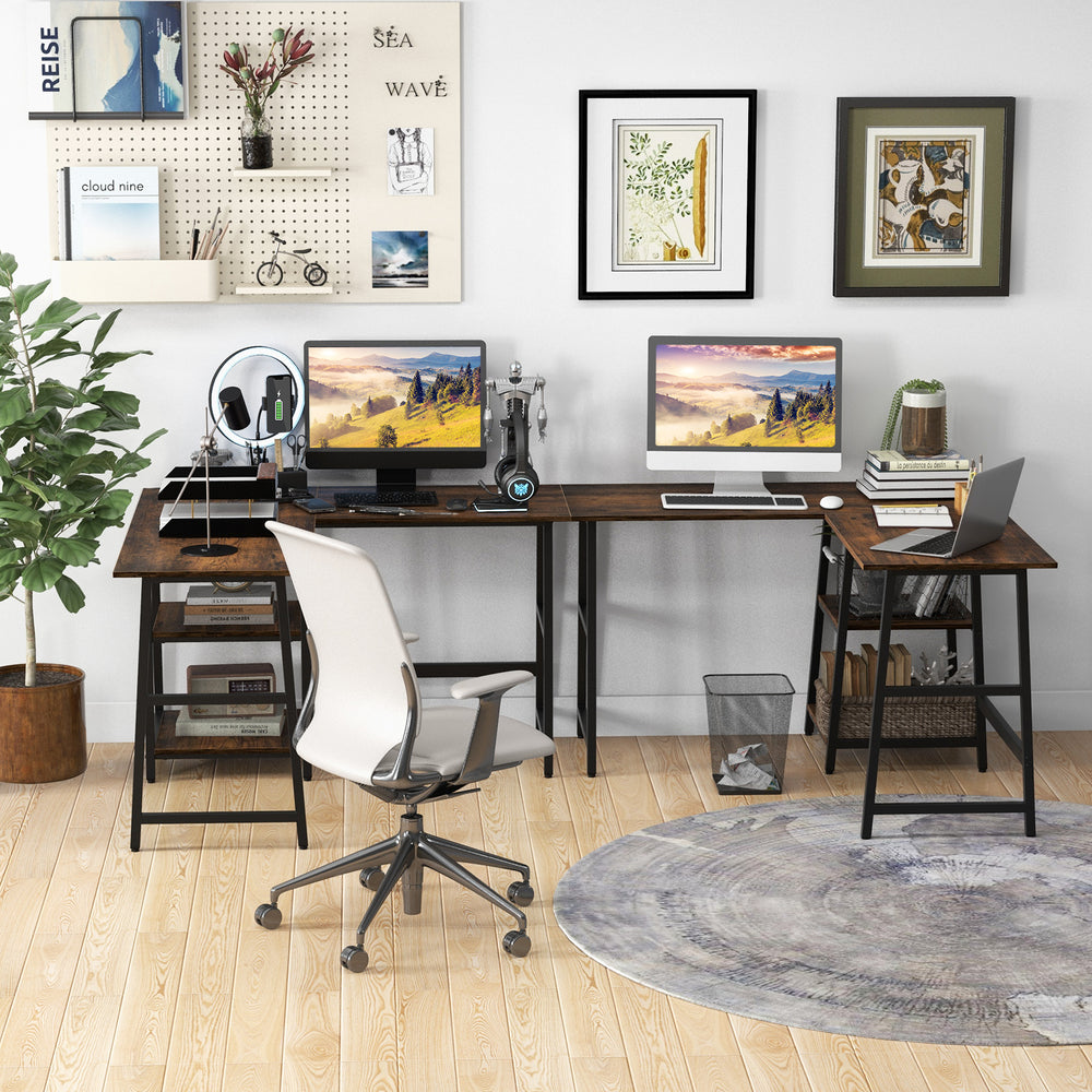 L-shaped corner computer desk in brown with storage shelves, sturdy metal frame, ideal for compact workspaces.