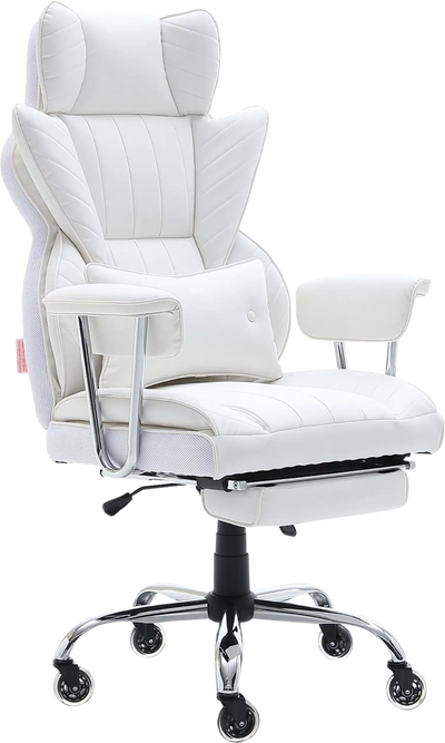 Vevor Reclining Office Chair with Footrest Lumbar Support Heavy Duty PU Leather White New