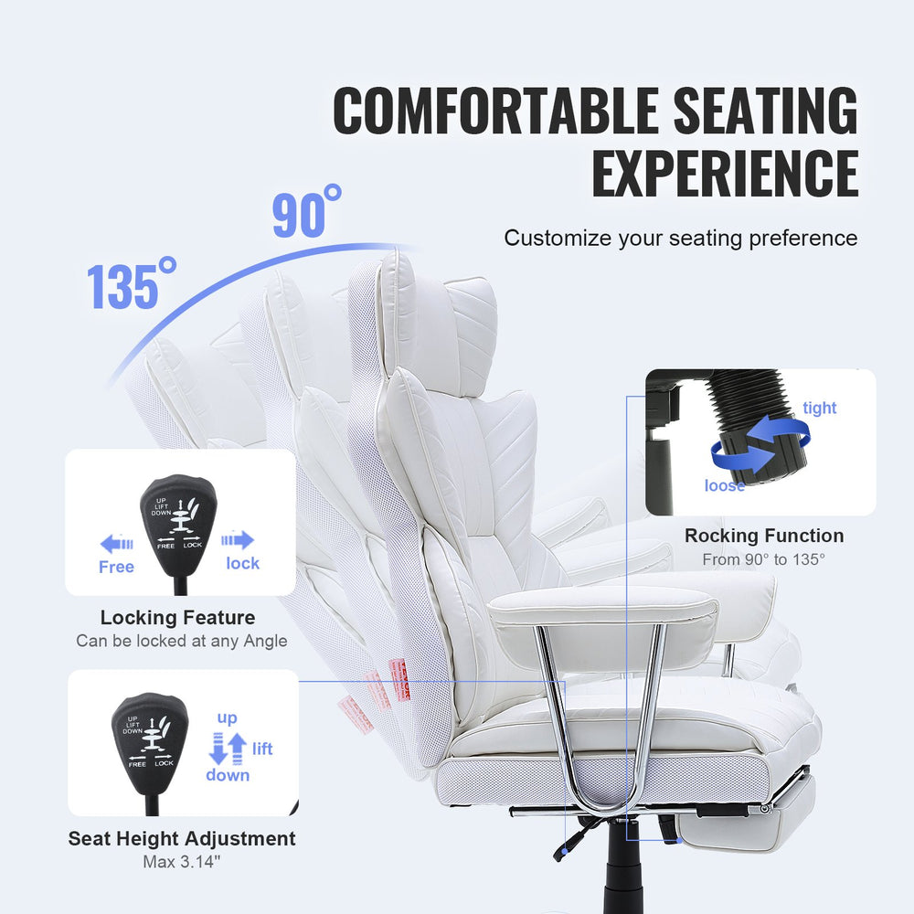 Vevor Reclining Office Chair with Footrest Lumbar Support Heavy Duty PU Leather White New