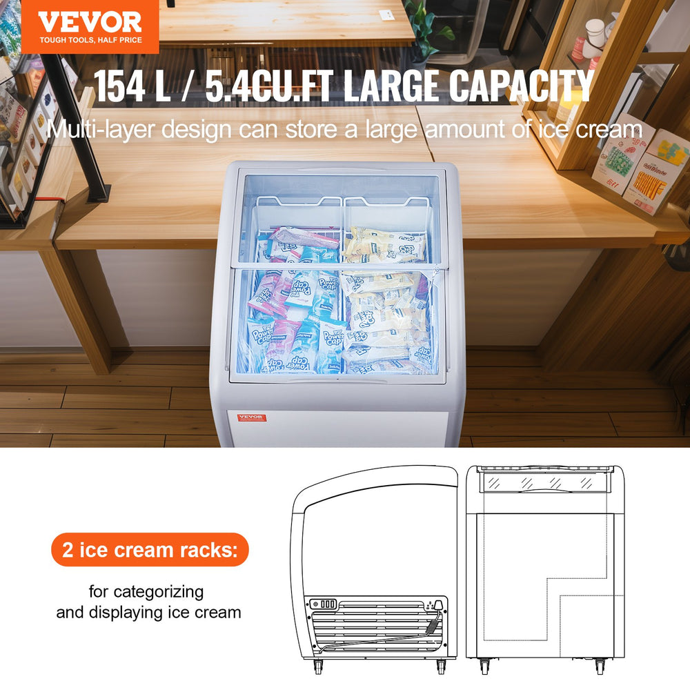 Vevor Ice Cream Display Commercial Freezer 5.4 Cu. Ft. with 2 Wire Baskets and Sliding Glass Doors New