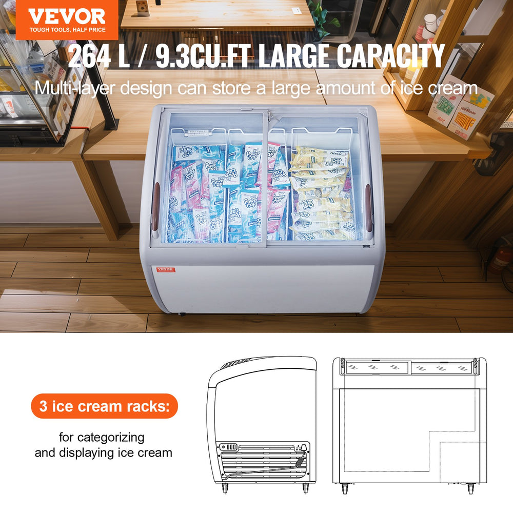 Vevor Ice Cream Display Commercial Freezer 9.3 Cu. Ft. with 3 Wire Baskets and Sliding Glass Doors New