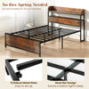 Full-size LED bed frame with storage headboard, power outlets, and slatted platform for easy setup and restful sleep.