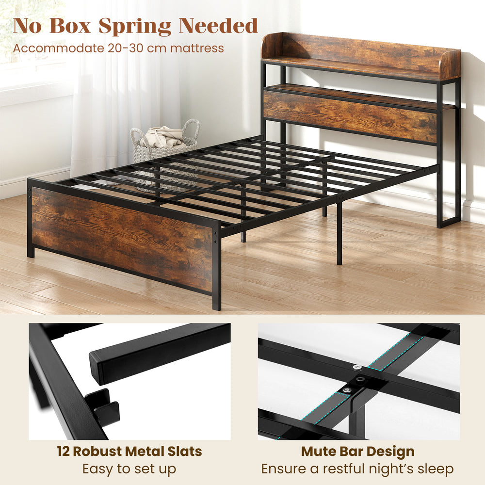 Full-size LED bed frame with storage headboard, power outlets, and slatted platform for easy setup and restful sleep.