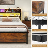 Full-size LED bed frame with storage headboard, power outlets, and safe round corners for added convenience and style.