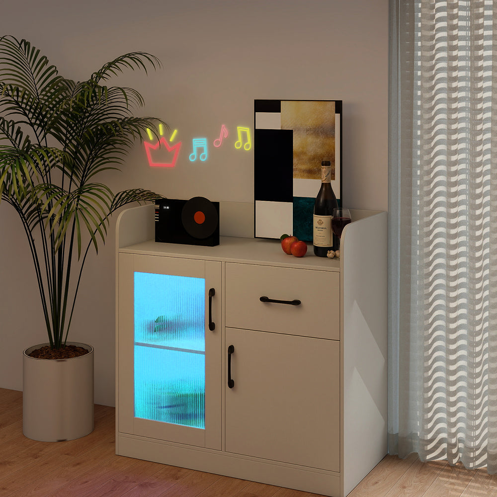 LED buffet sideboard in white with translucent fluted door, built-in charging station, and RGB LED lights for ambiance.
