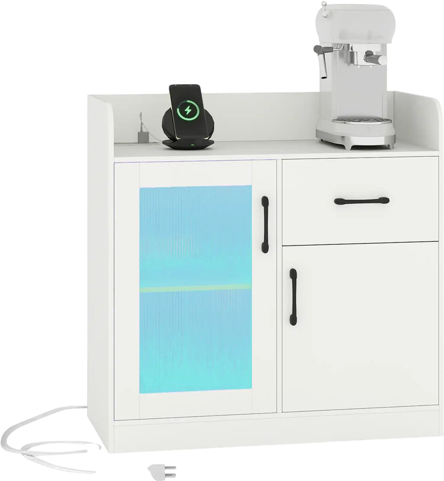 Costway LED Buffet Sideboard Cabinet w/ Charging Station Drawer Fluted Door 55467814 New