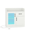 LED buffet sideboard in white with translucent fluted door, drawer, and built-in charging station for versatile storage.