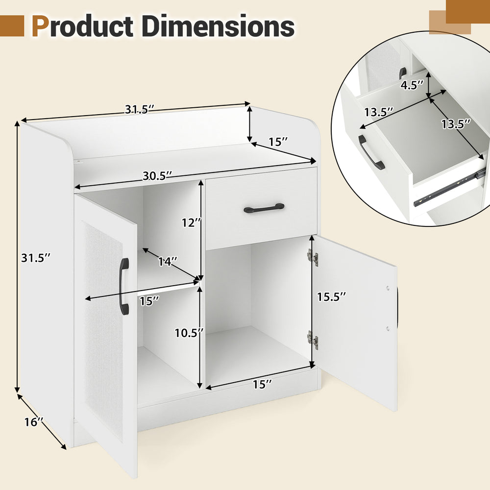 Dimensions of the LED buffet sideboard with charging station, drawer, and translucent fluted door in white.