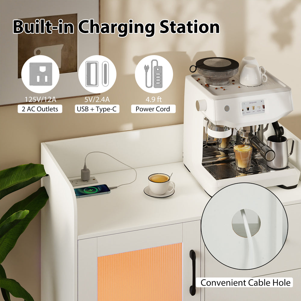 LED buffet sideboard in white with built-in charging station, USB, Type-C, and AC outlets for convenient device.
