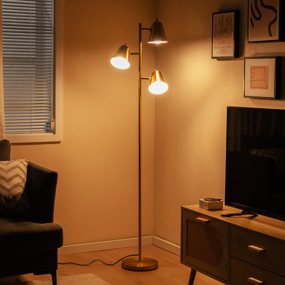 64-inch golden 3-light LED floor lamp with rotatable shades, perfect for stylish living room or bedroom lighting.