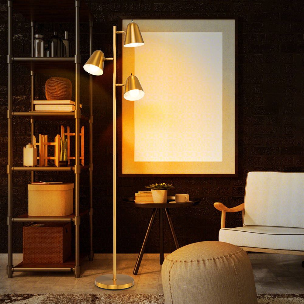 64-inch golden 3-light LED floor lamp with rotatable shades, perfect for living room or bedroom lighting.