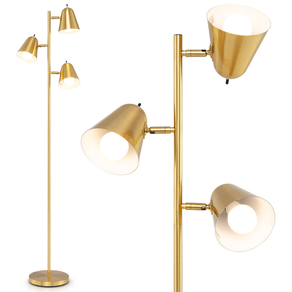 64-inch golden 3-light LED floor lamp with adjustable lampshades, perfect for living room or bedroom lighting.