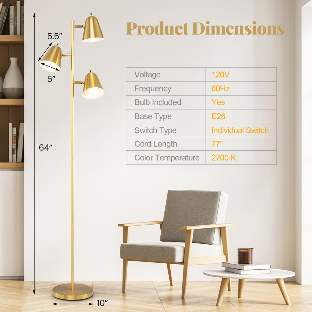 64-inch golden 3-light LED floor lamp with rotatable shades, ideal for living room or bedroom lighting.