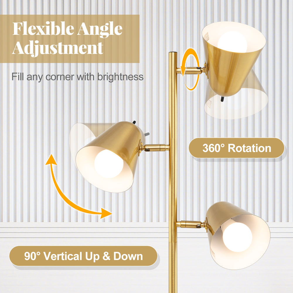64-inch golden 3-light LED floor lamp with adjustable lampshades for versatile lighting in living room or bedroom.