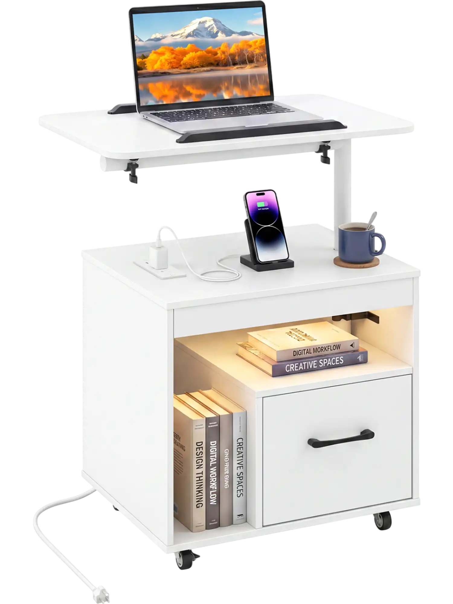 Costway LED Nightstand Bedside Table with Power Outlets Flip Top 62597278 New