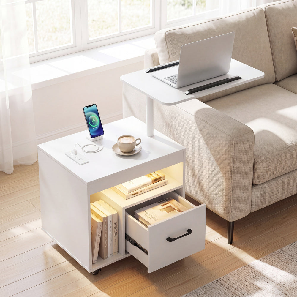 Modern white LED nightstand with flip-over tabletop, power outlets, and organized storage for living room or bedroom.