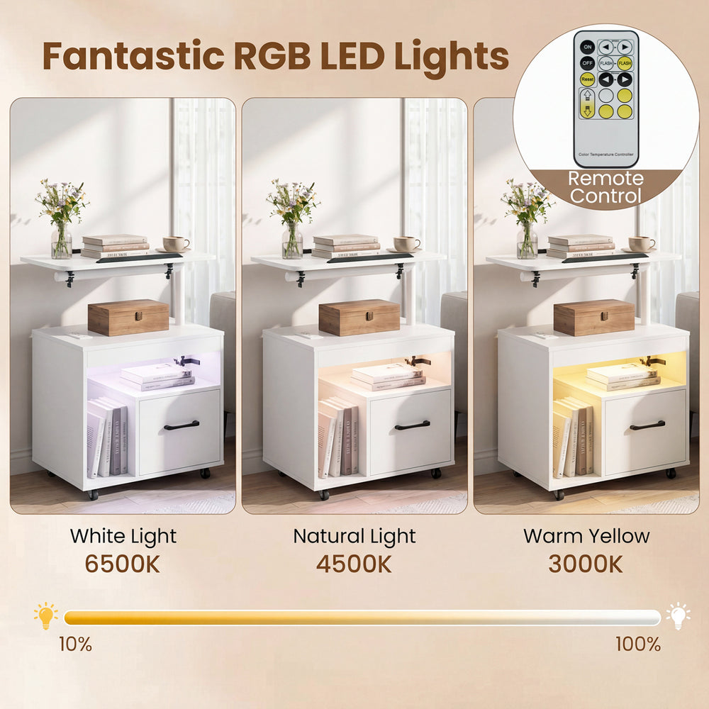 LED nightstand with remote control, featuring white, natural, and warm yellow lights for versatile bedside use.