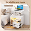 LED nightstand with pull-out drawer and under-desk shelf, featuring a 270° flip tabletop for versatile use.