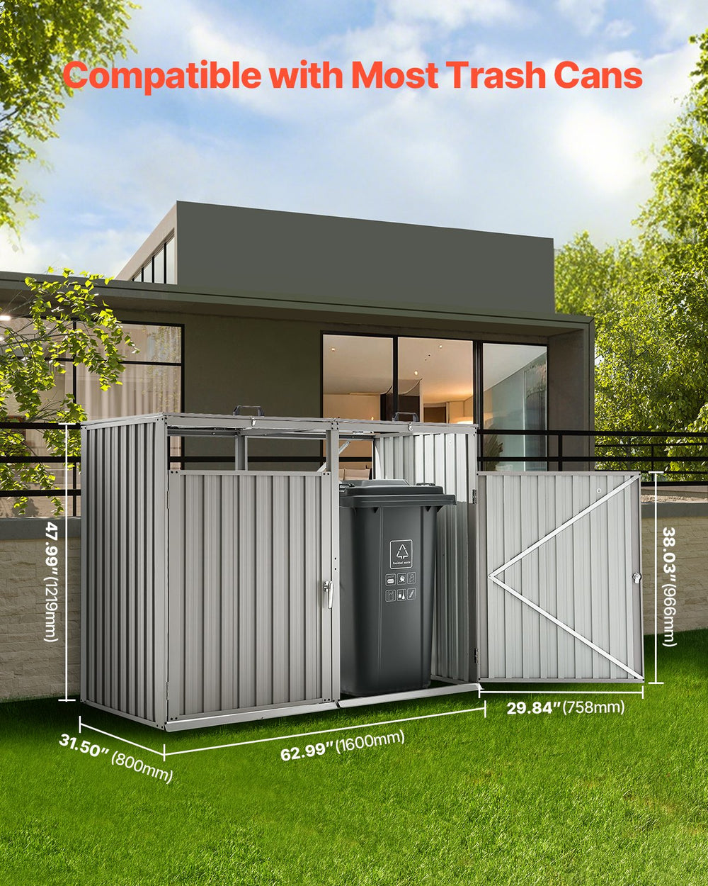Vevor Trash Can Storage Shed for Two 52.79 Gallon Bins with Lockable Doors and Easy Access Entry New