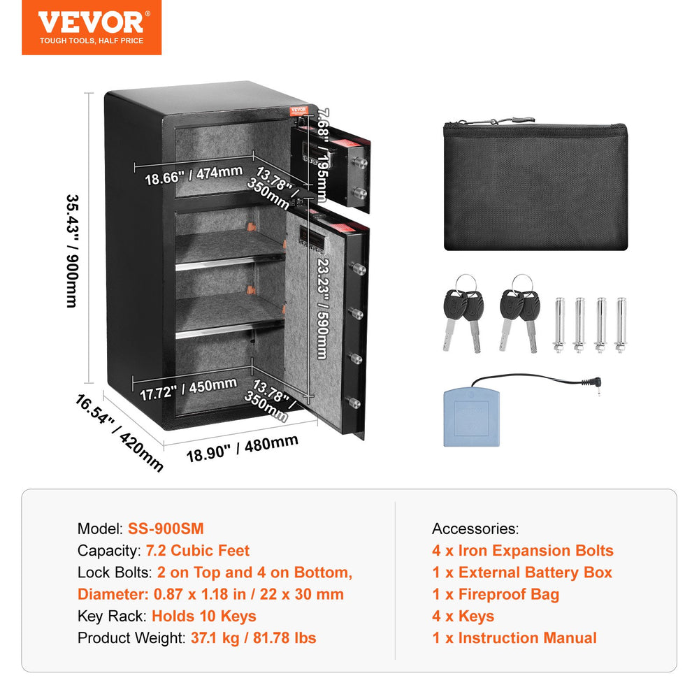 Vevor Safe Box 7.2 Cu. Ft. Double Door 6 Lock Bolts LED Light Dual Alarm System Key Lock and Password New