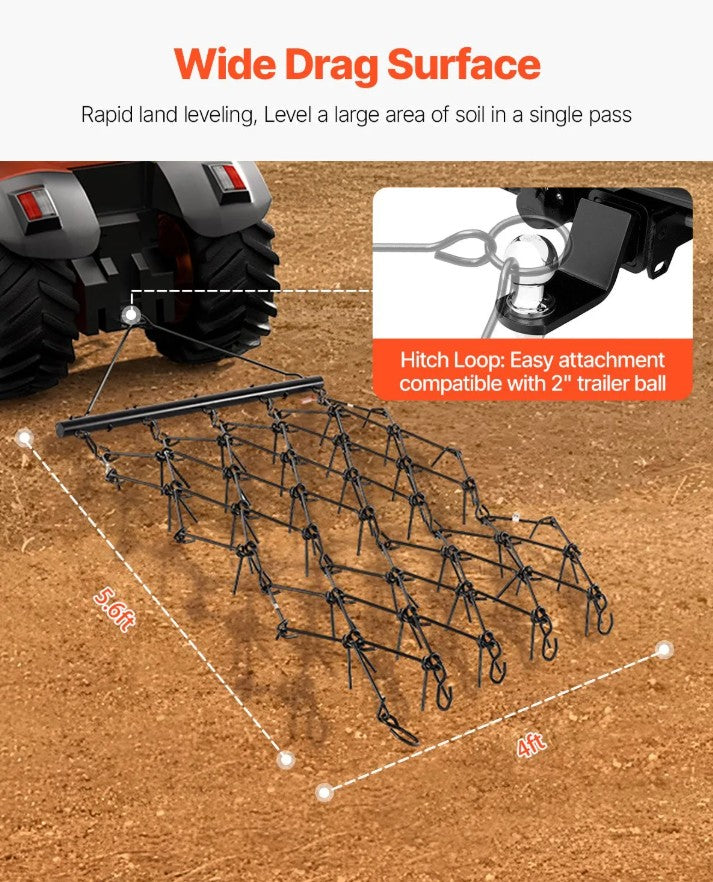 Vevor Drag Harrow 4' x 5.6' ATV Chain 80 Teeth for Lawn and Landscape Leveling New