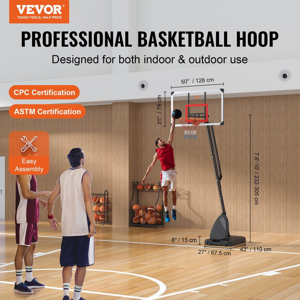 Vevor Basketball Hoop 7.6' to 10' Adjustable Height 50" Backboard with Stand Wheels and Fillable Base New