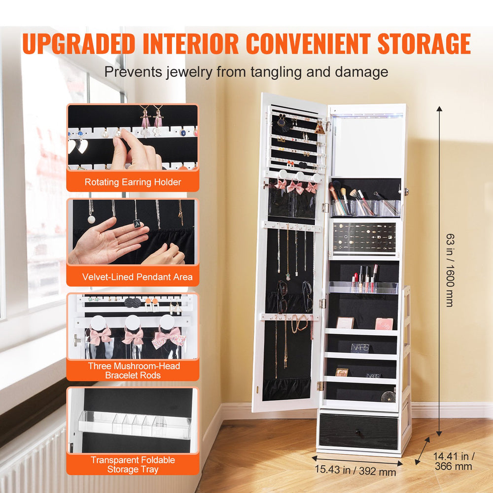 Vevor Mirror Jewelry Cabinet 360° Swivel Full Length Lockable Organizer with Shelves and Drawer New