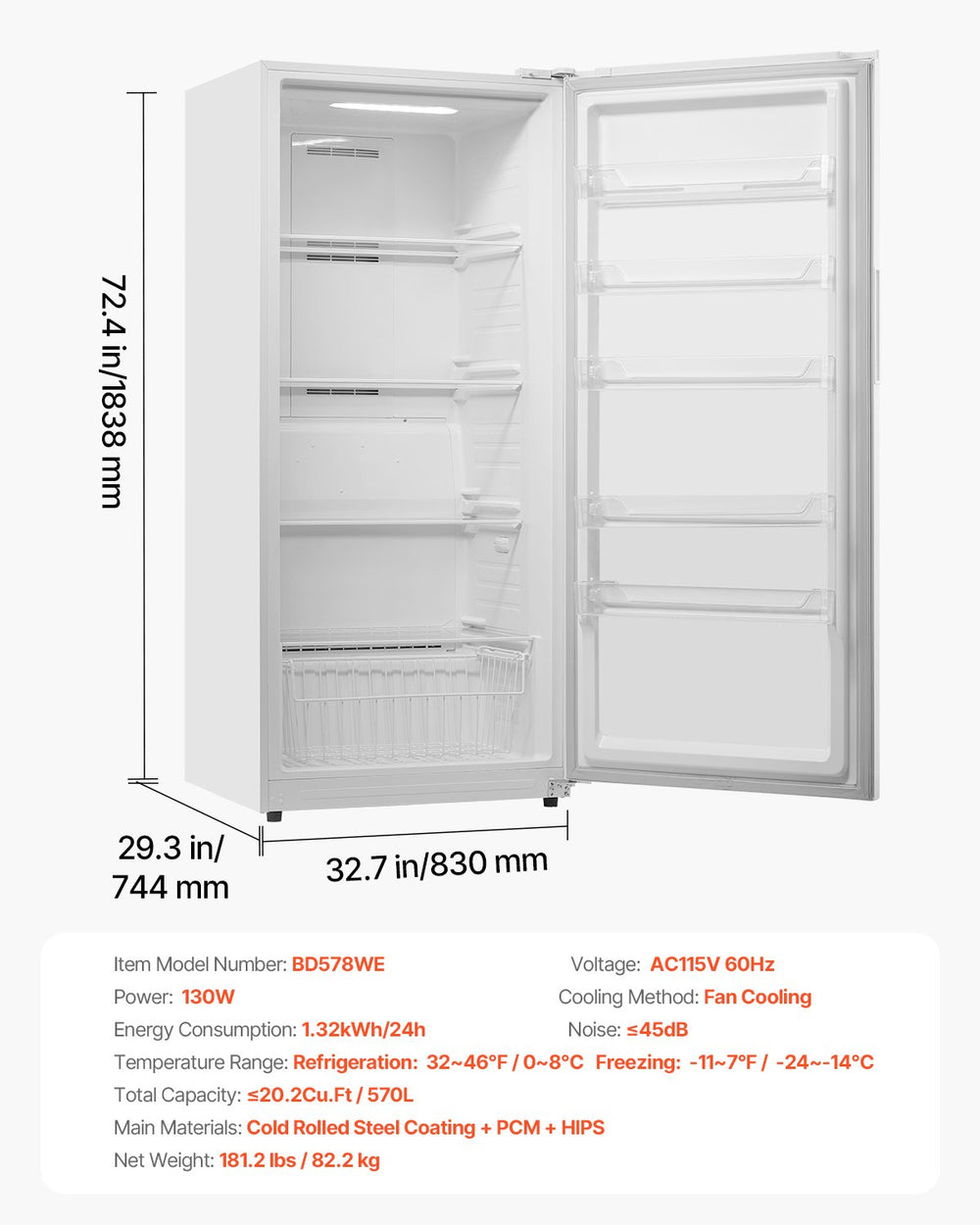 Vevor Convertible Freezer Refrigerator 20.2 Cu. Ft. Upright Frost Free with Digital Control New