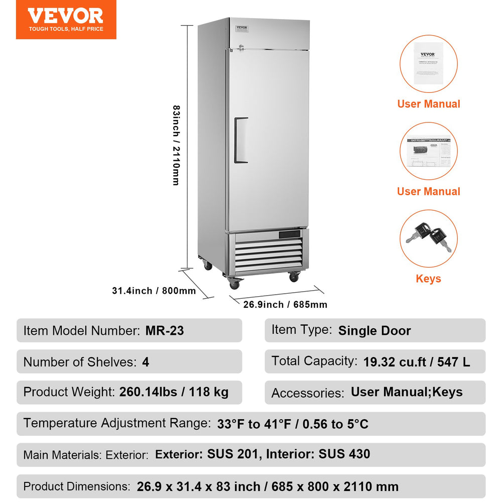 Vevor Commercial Refrigerator 19.32 Cu. Ft. Upright Reach-In Single Door 27" Stainless Steel 4 Shelves New