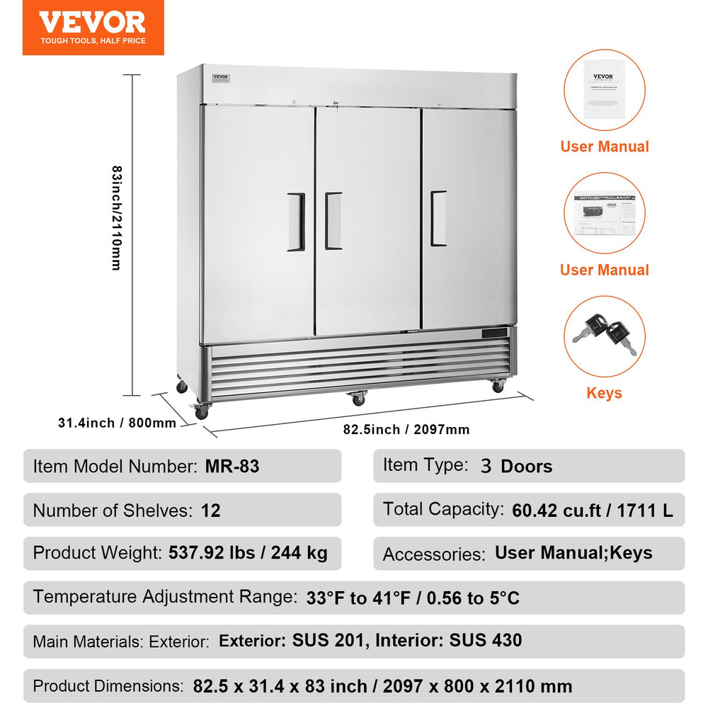 Vevor Commercial Refrigerator 60.42 Cu. Ft. Upright Reach-In 3 Doors 82.5" Stainless Steel 12 Shelves New