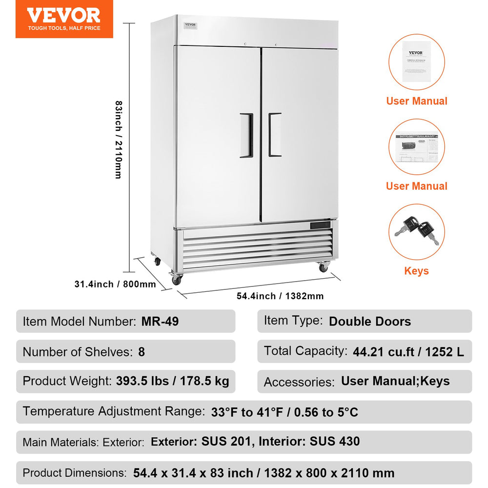 Vevor Commercial Refrigerator 44.21 Cu. Ft. Upright Reach-In 2 Doors 54.4" Stainless Steel 8 Shelves New