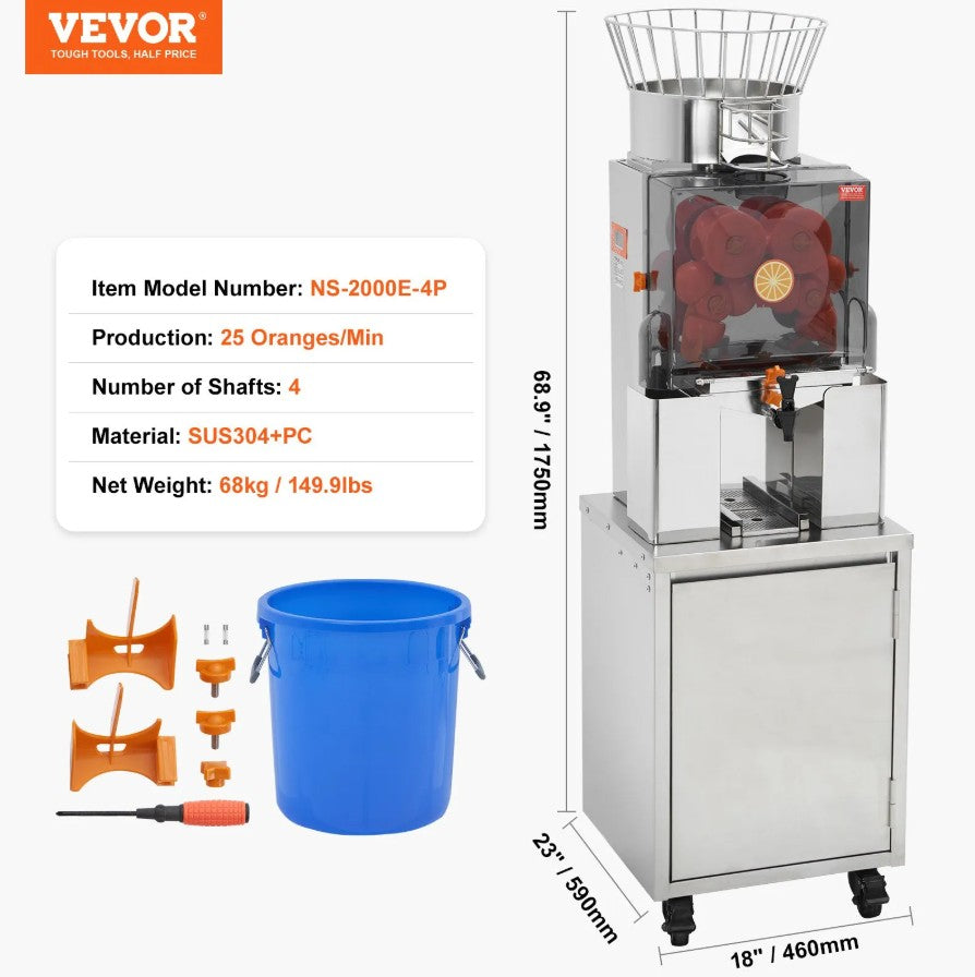 Vevor Commercial Orange Juicer 120W 25 Oranges/Min Auto Feed with Water Tap New