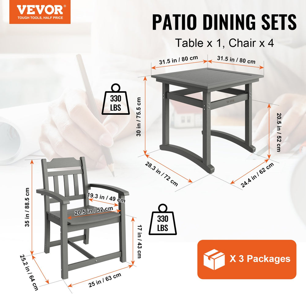 Vevor 5 Piece Patio Dining Set All-Weather Outdoor Table and Armchairs Light Gray New