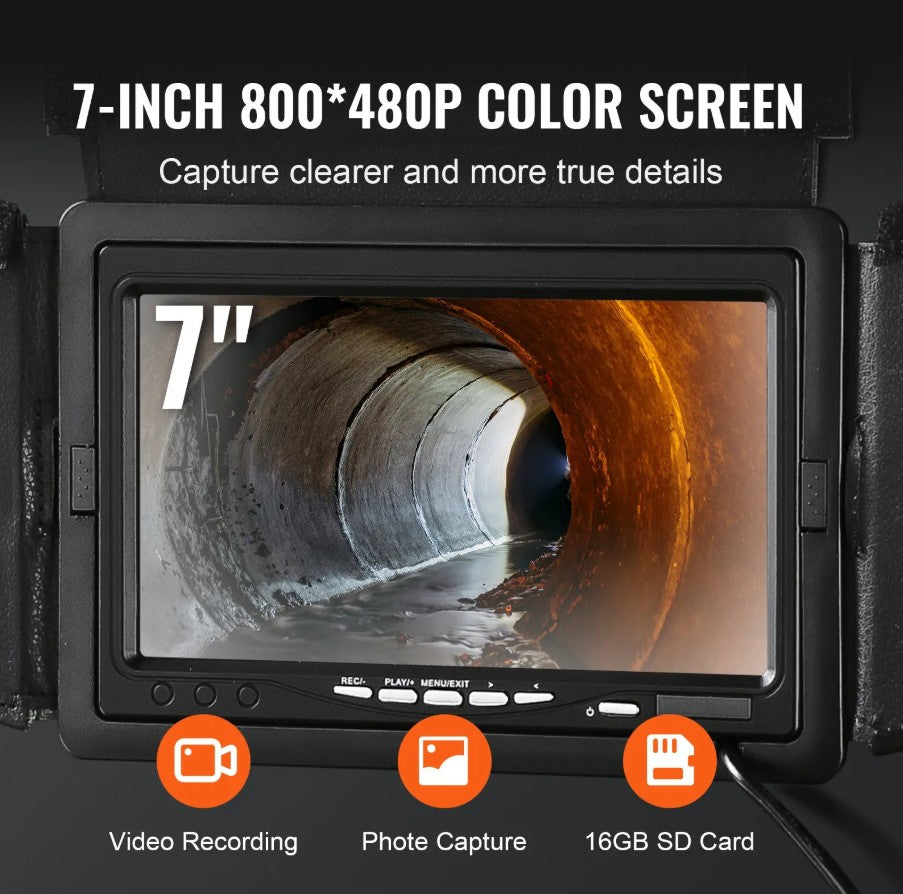 Vevor Pipeline Inspection Camera 165' Length 7" LCD Screen LED Lights 16GB SD Card New