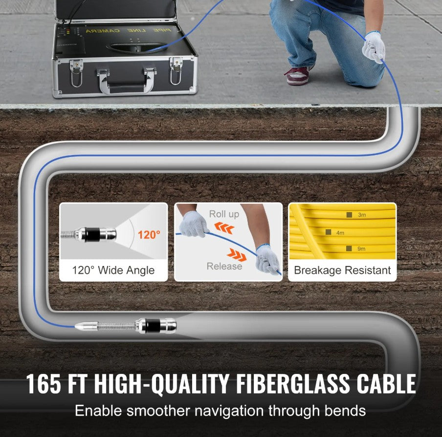 Vevor Pipeline Inspection Camera 165' Length 7" LCD Screen LED Lights 16GB SD Card New