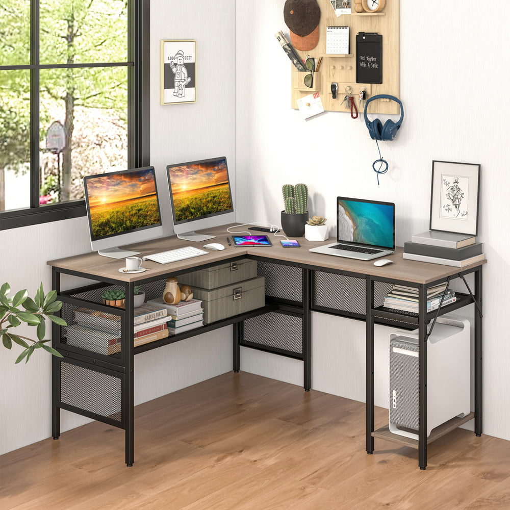 L-shaped computer desk in gray with charging station, adjustable shelf, and heavy-duty metal frame for home office use.
