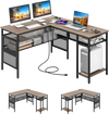 L-shaped computer desk in gray with charging station, adjustable shelf, and ample storage for home office use.