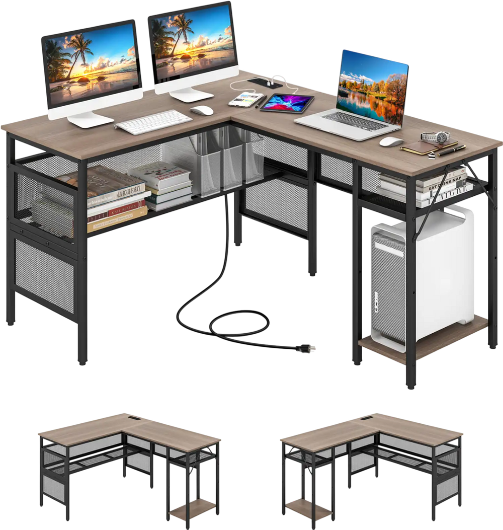 L-shaped computer desk in gray with charging station, adjustable shelf, and ample storage for home office use.