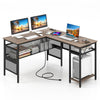 L-shaped computer desk in gray with charging station, adjustable shelf, and spacious design for home office use.