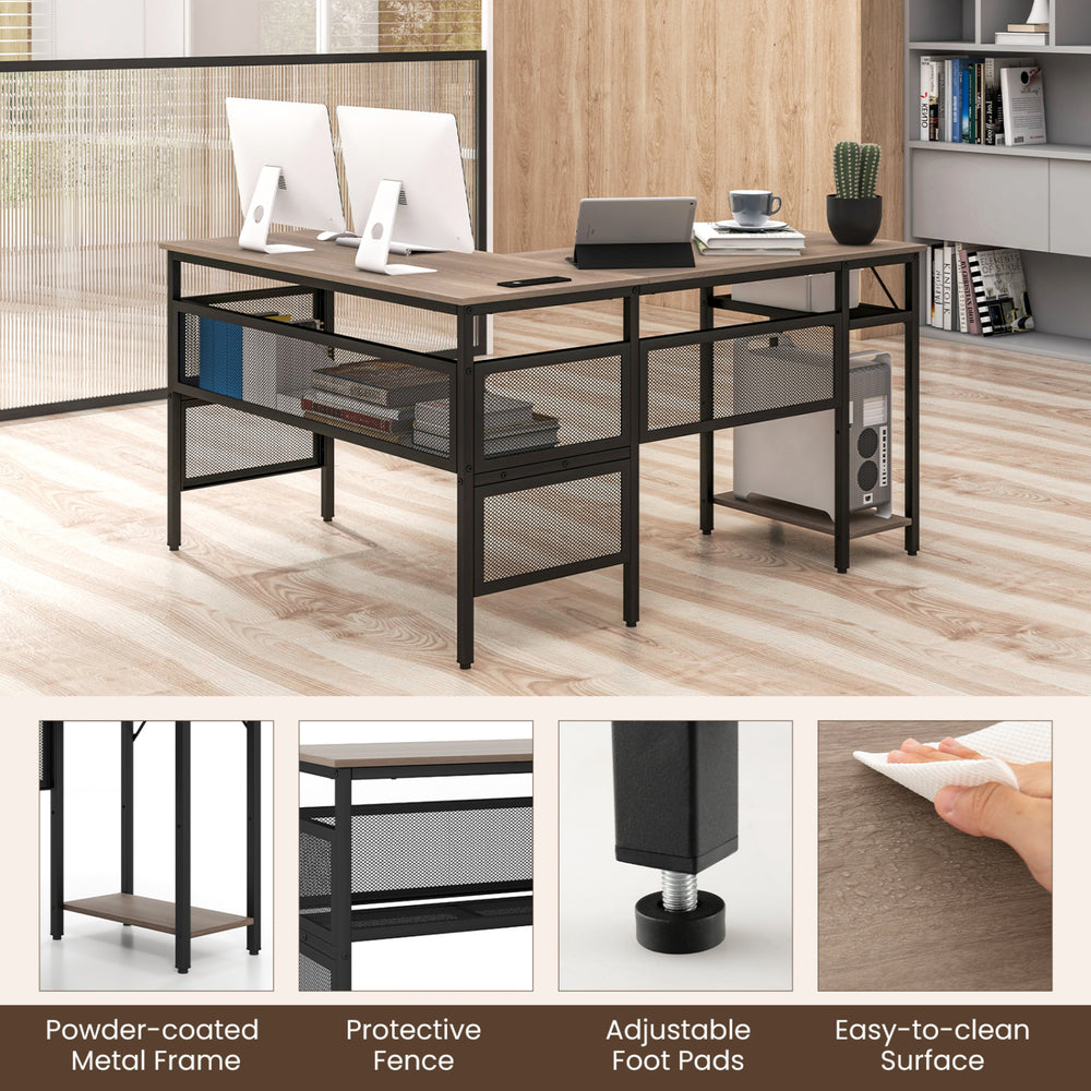 L-shaped computer desk in gray featuring a sturdy powder-coated metal frame and adjustable foot pads for enhanced.