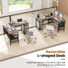L-shaped computer desk in gray with spacious mesh shelves and adjustable foot pads for enhanced stability in home.