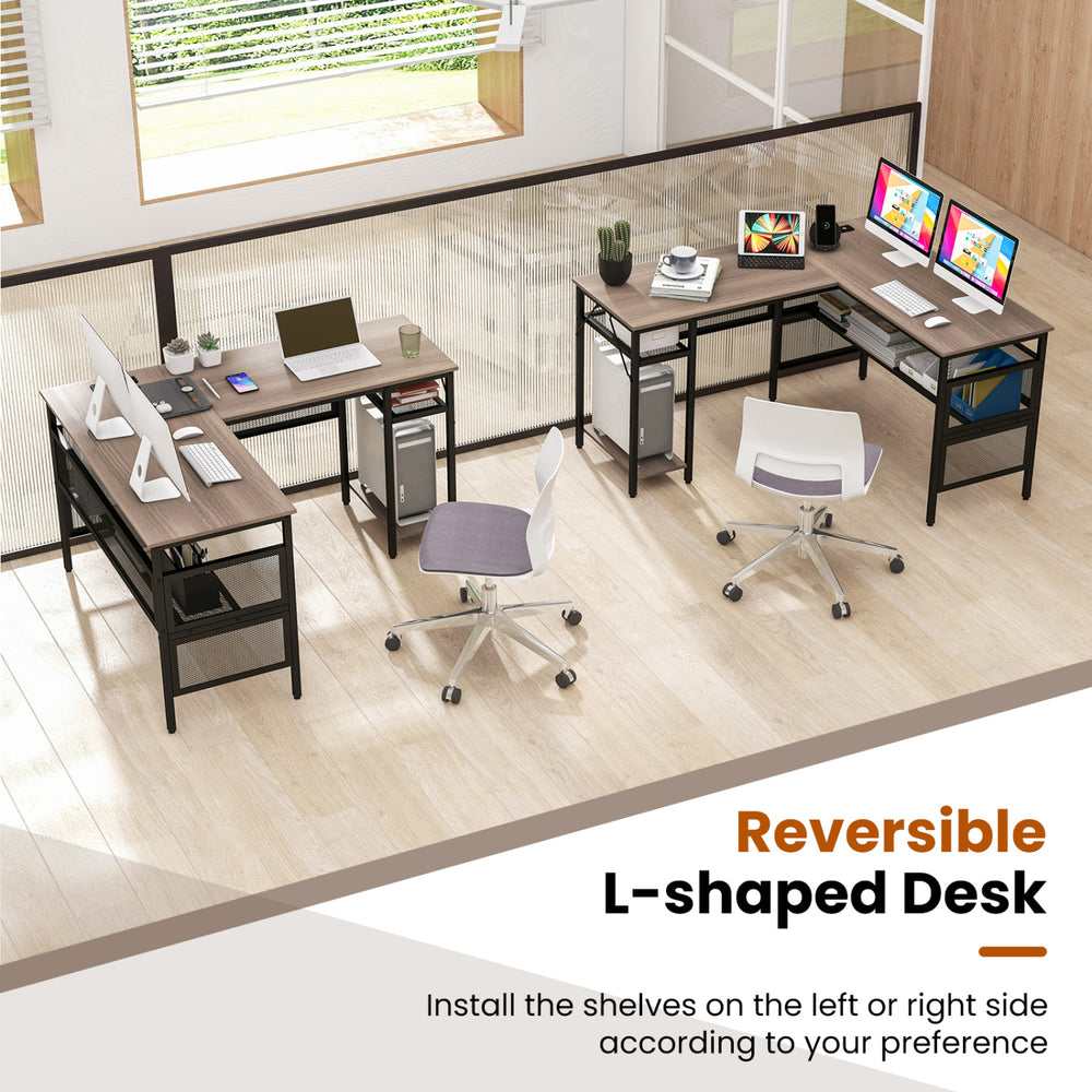 L-shaped computer desk in gray with spacious mesh shelves and adjustable foot pads for enhanced stability in home.