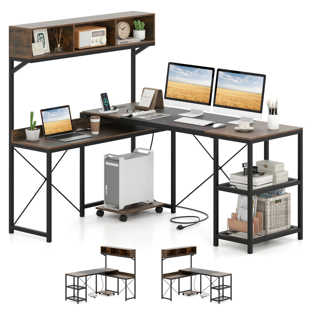 L-shaped computer desk with power outlets, brown finish, featuring a storage hutch and ample workspace for organization.