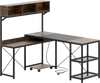 L-shaped computer desk with storage hutch, power outlets, and metal frame for a tidy workspace in brown finish.