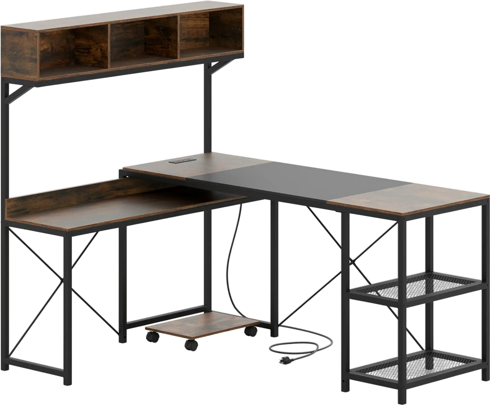 L-shaped computer desk with storage hutch, power outlets, and metal frame for a tidy workspace in brown finish.