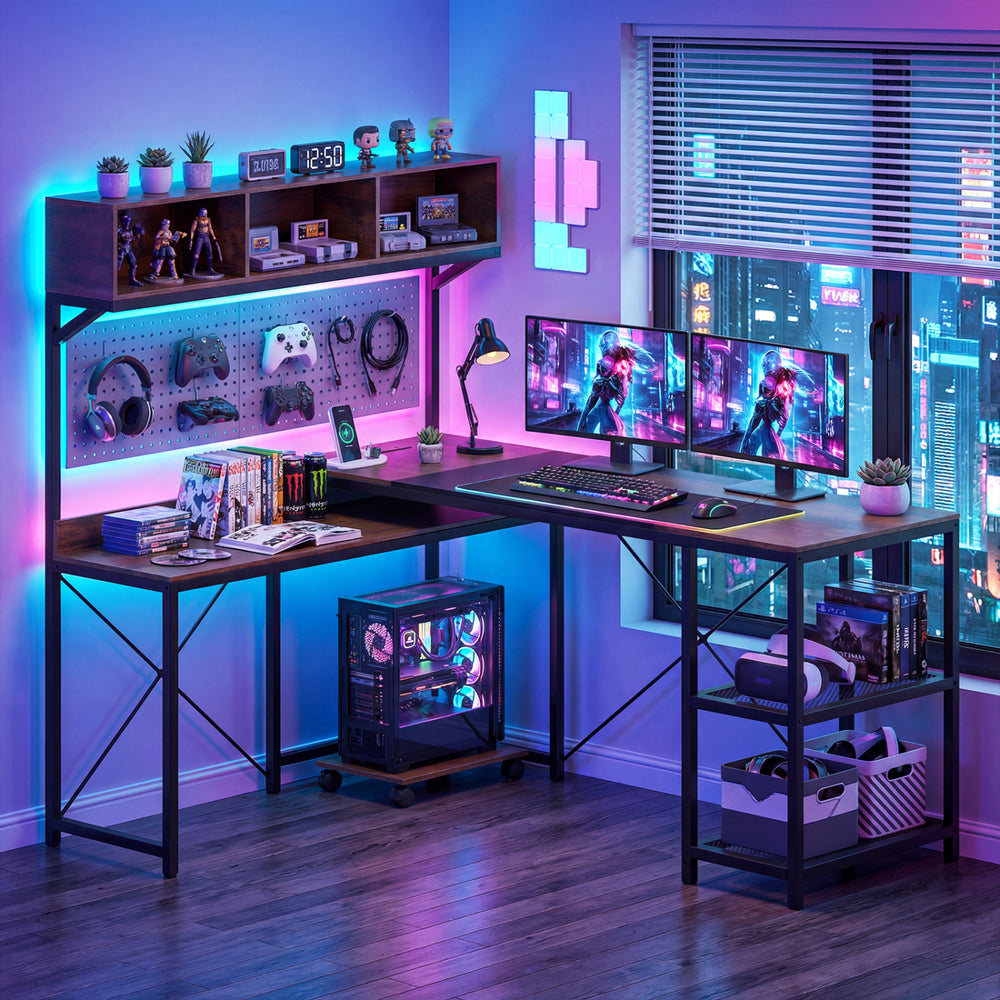 L-shaped computer desk with storage hutch, built-in power outlets, and metal frame, ideal for a tidy workspace.