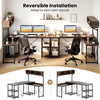 L-shaped computer desk with storage hutch, built-in power outlets, and reversible installation for adaptable layouts.
