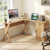 L-shaped oak computer desk features a reversible drawer and cabinet, perfect for small spaces and efficient work areas.